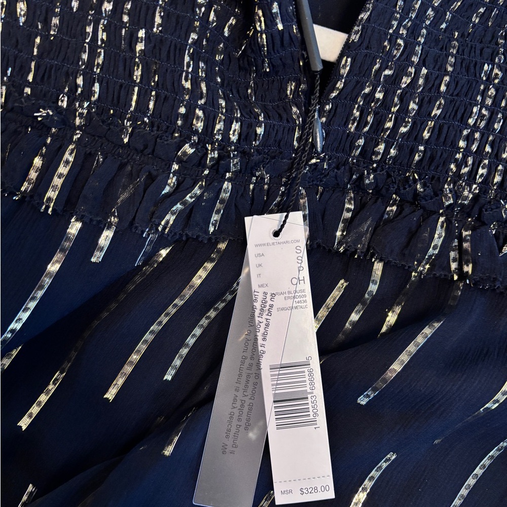 Elie Tahari Black & Gold 🐝 metallic ribbon bib Blouse - Picture 8 of 13